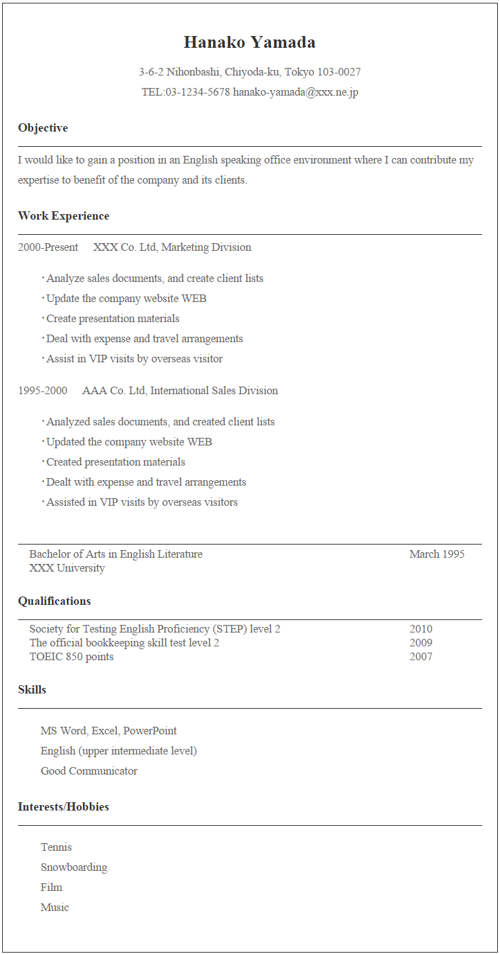 英文レジュメのサンプル